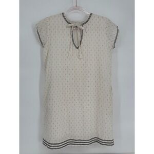 Pomegranate Cream Gold Embroidered Tassel Tie Neck Mini Dress Tunic Boho Sz S